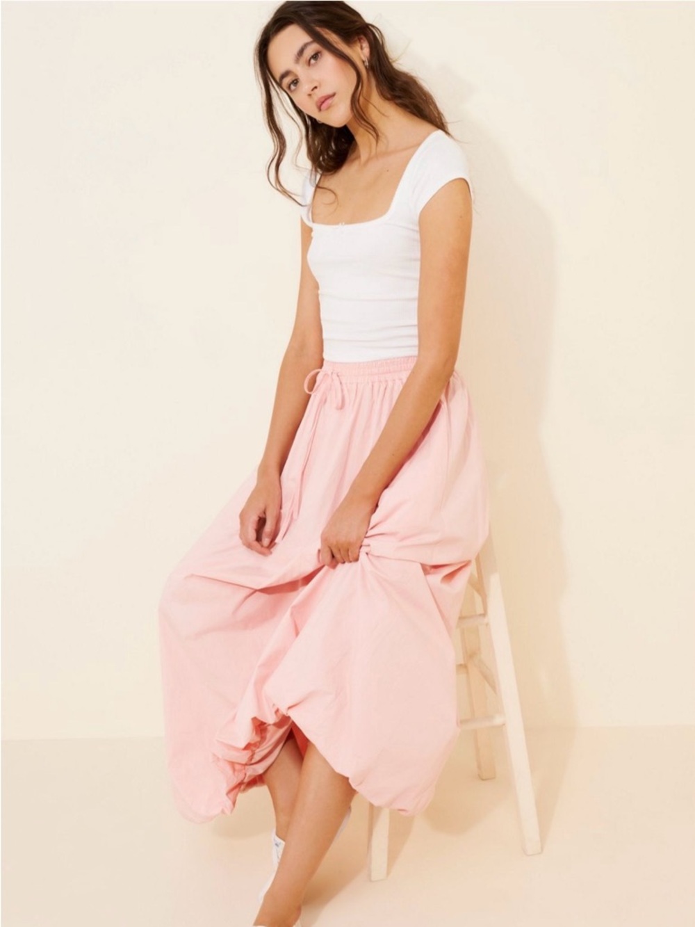 Anthropologie Pink Drawstring Maxi Skirt